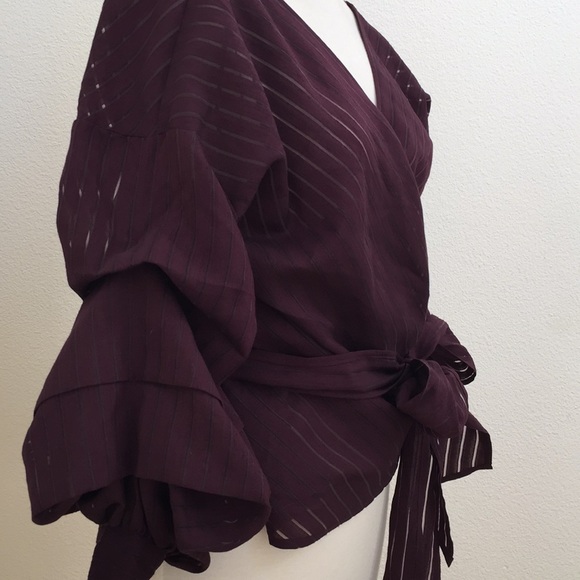 Chelsea28 Burgundy Balloon Sleeves Wrap Shirt - Picture 5 of 8